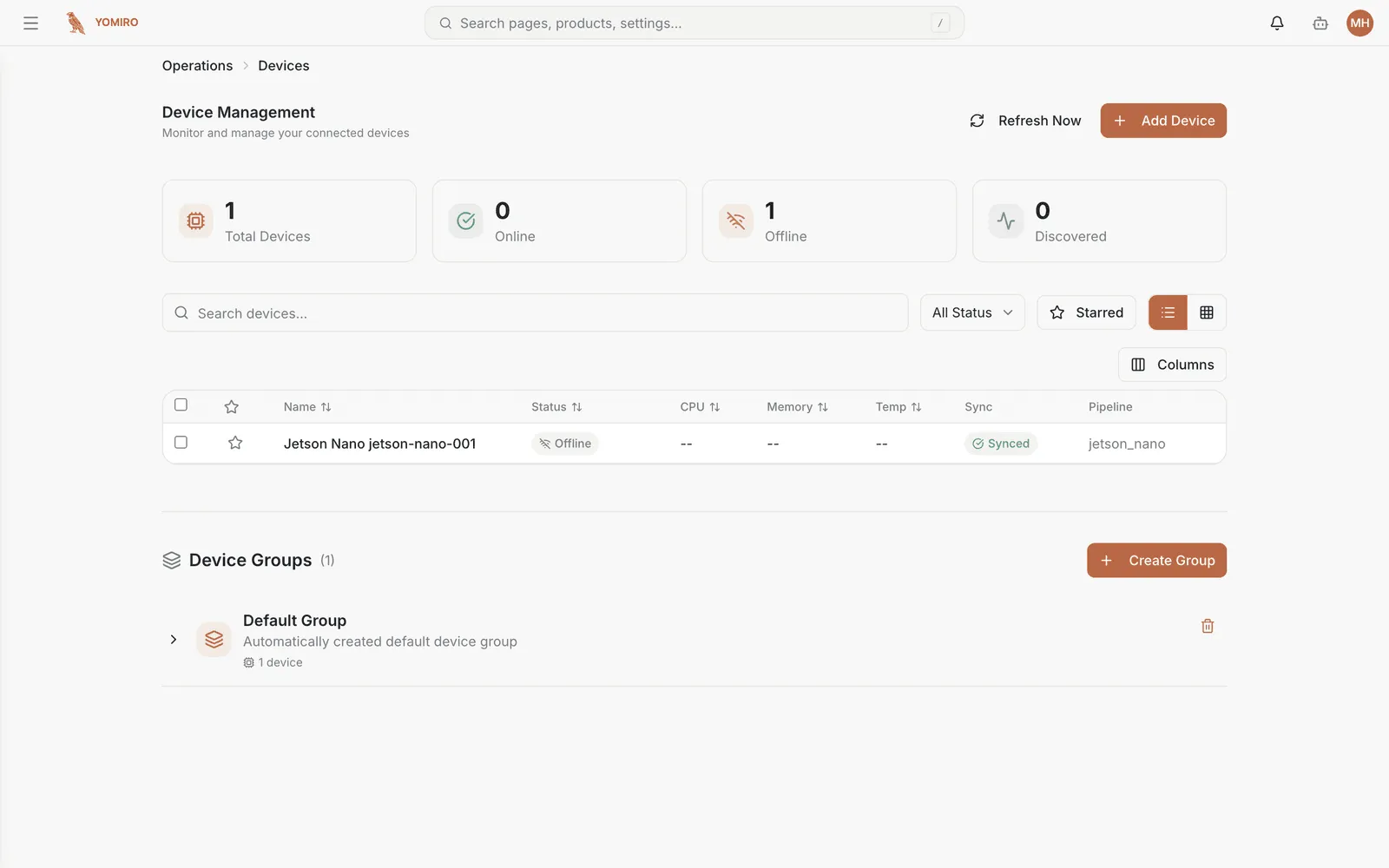 The Devices page showing fleet counts, the device list and device groups