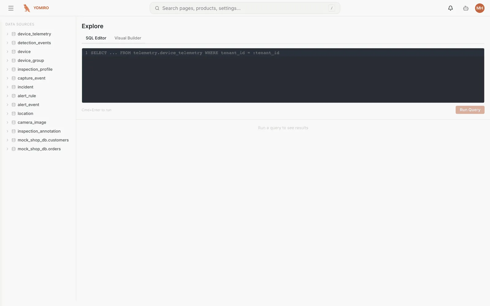 The Explore page listing queryable data sources alongside the query editor