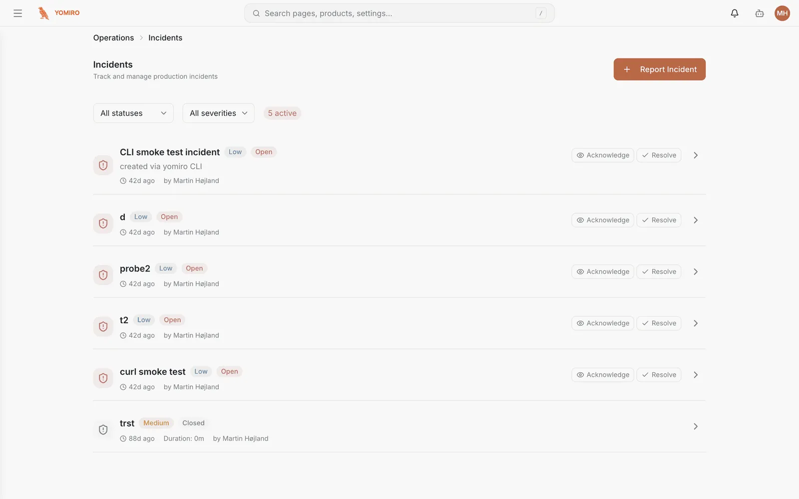 The Incidents page with severity and status filters