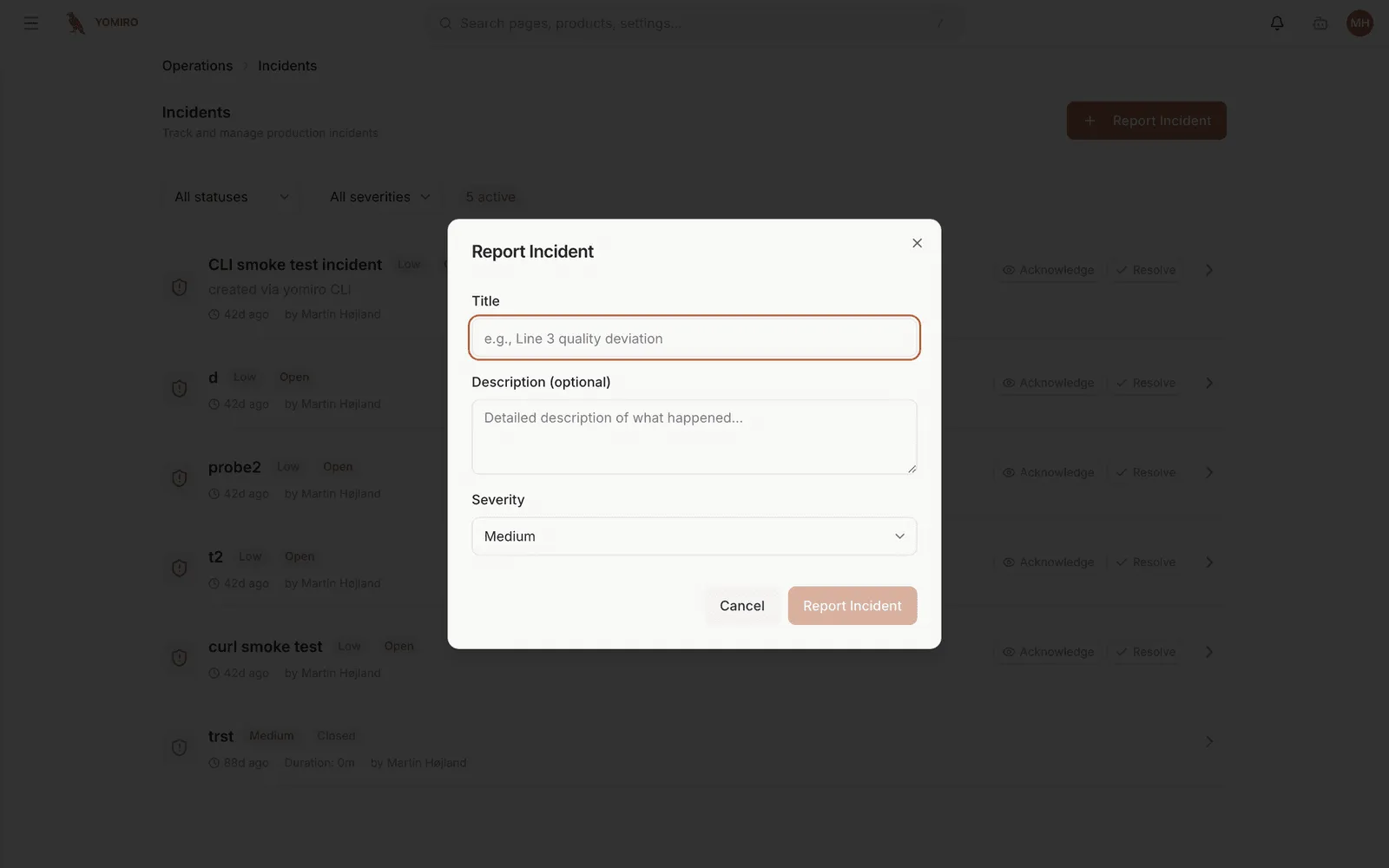 The Incidents page with the report dialog and severity and status filters