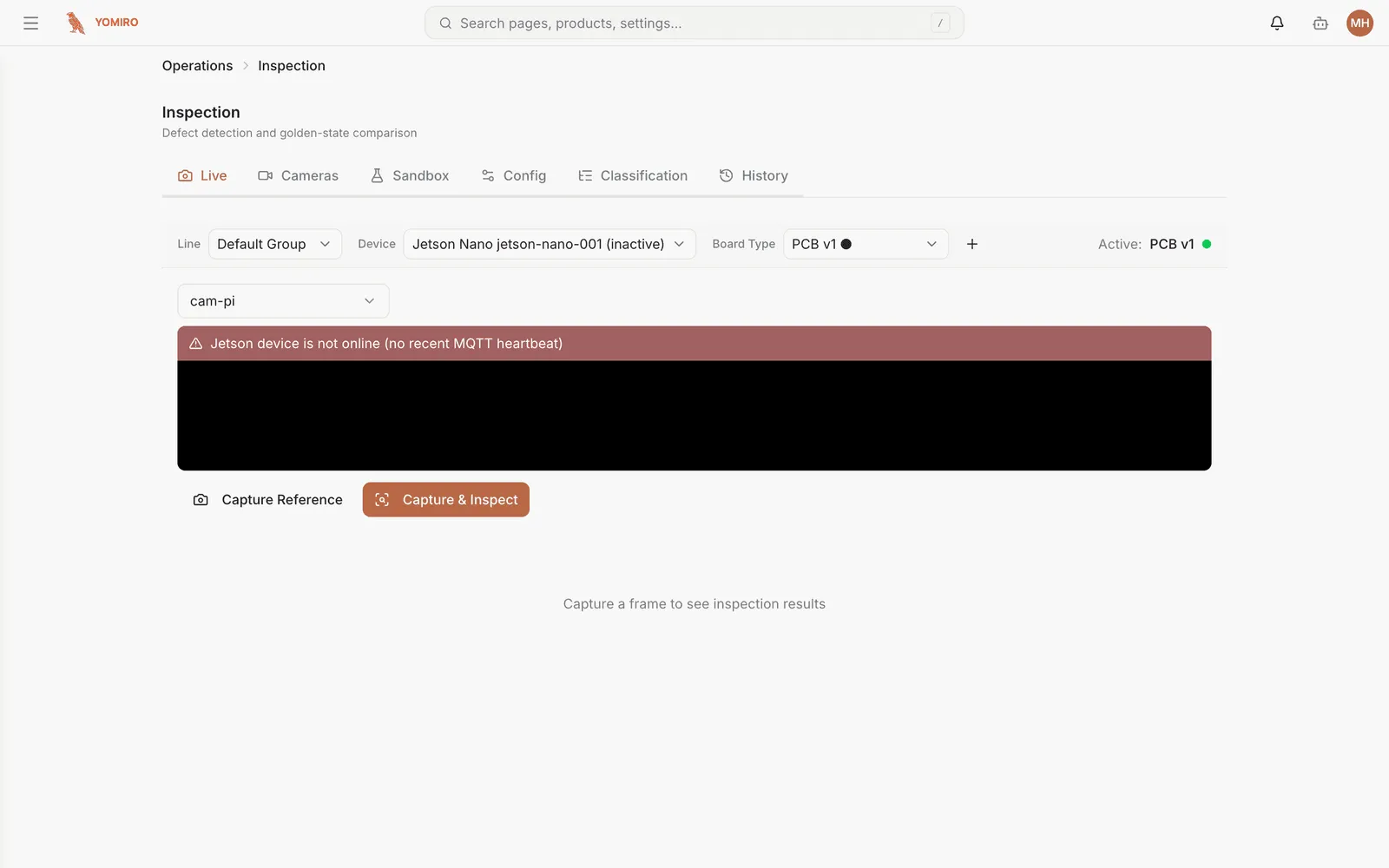 The Inspection page with its Live, Cameras, Sandbox, Config, Classification and History tabs
